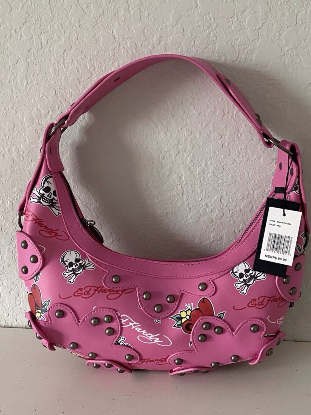 Ed Hardy Pink Hobo‎ Shoulder Bag Studded Heart Rose Skull Cross Charms NEW